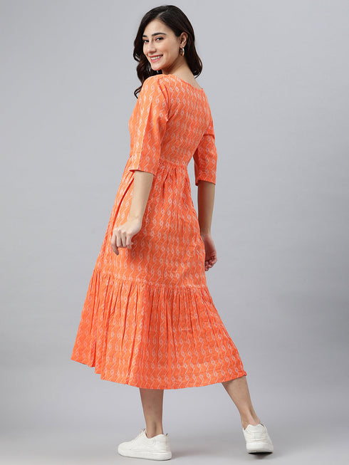 Orange Cotton Woven Design Tiered Western Dress